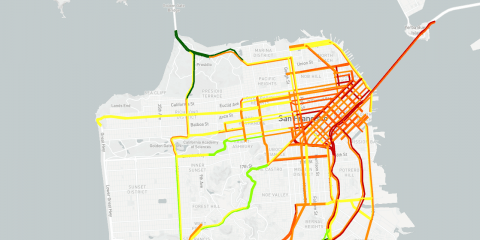 A screenshot of a map showing congestion in downtown San Francisco