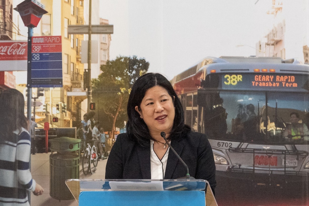 Transportation Authority Director Tilly Chang at a press event