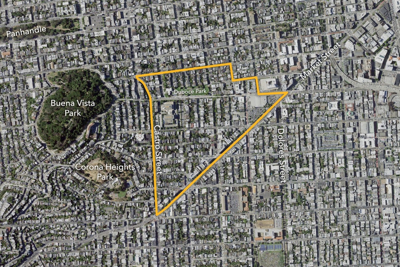 A satellite image of the Duboce Triangle neighborhood in San Francisco with a yellow border around the neighborhood boundaries.