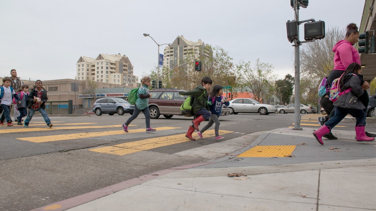 Kids crossing the street at Geary