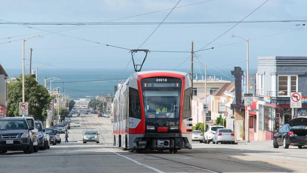 A new light rail vehicle in the Sunset District