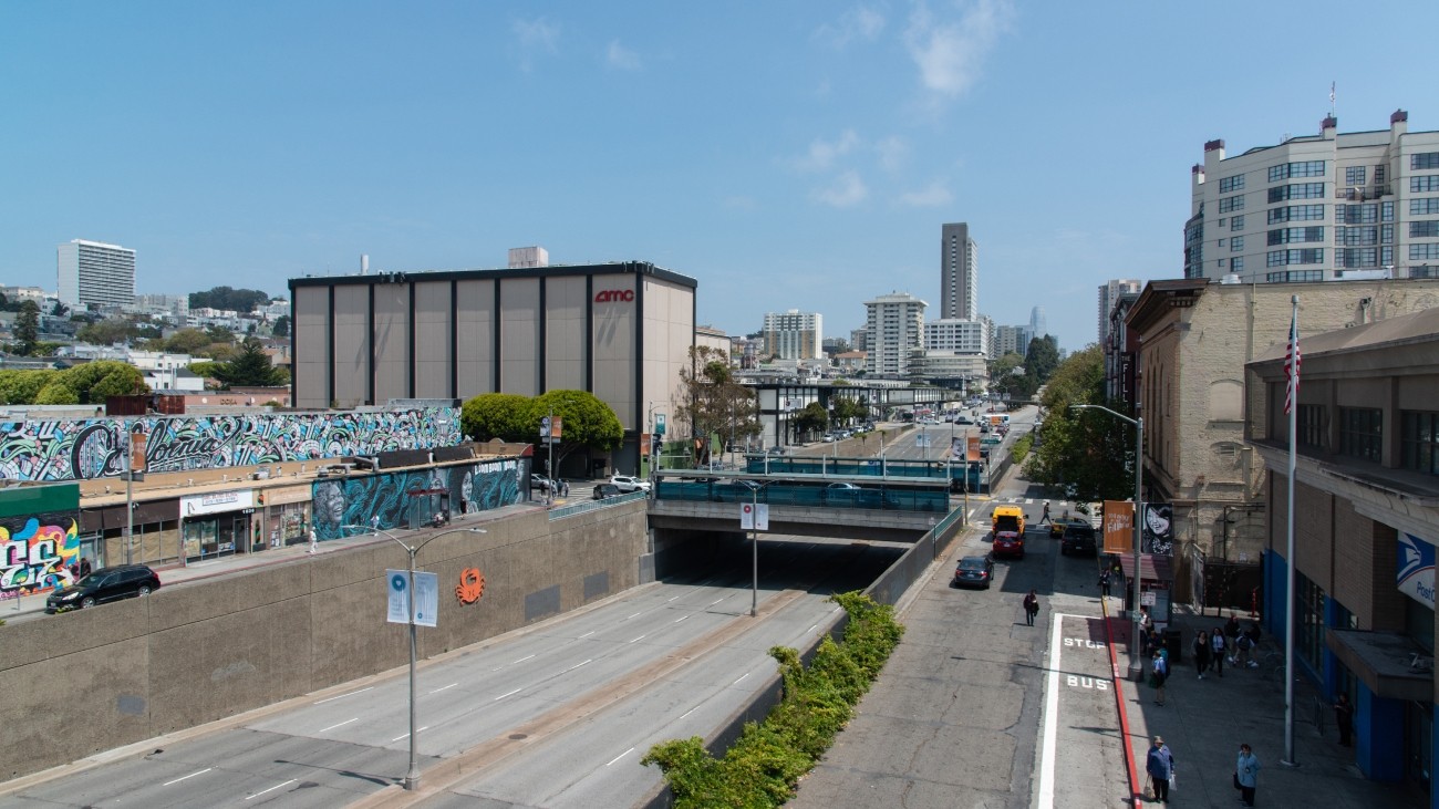 The Geary Boulevard underpass at Fillmore Street, seen looking east toward Downtown San Francisco.