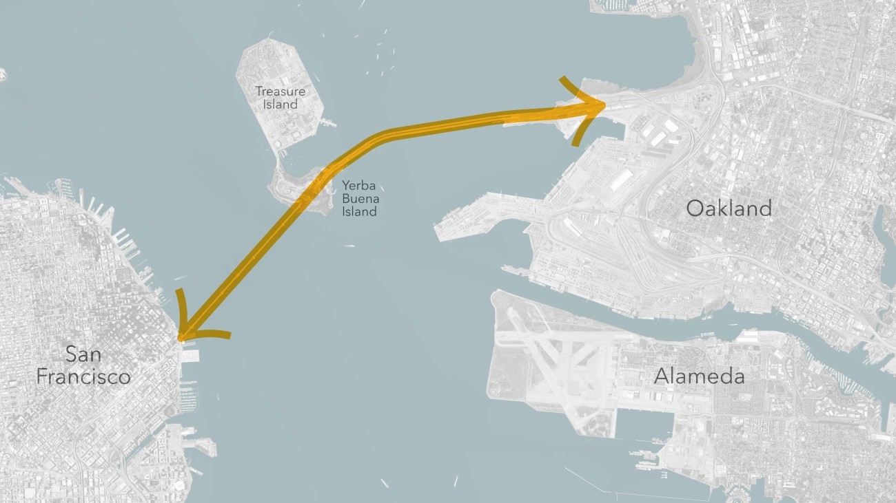 A map of the Transbay Corridor, with San Francisco on the left, Oakland and Alameda on the right, and Treasure Island & Yerba Buena Islands in the center. A yellow line with arrowheads at both ends runs along the Bay Bridge between San Francisco and Oakland.