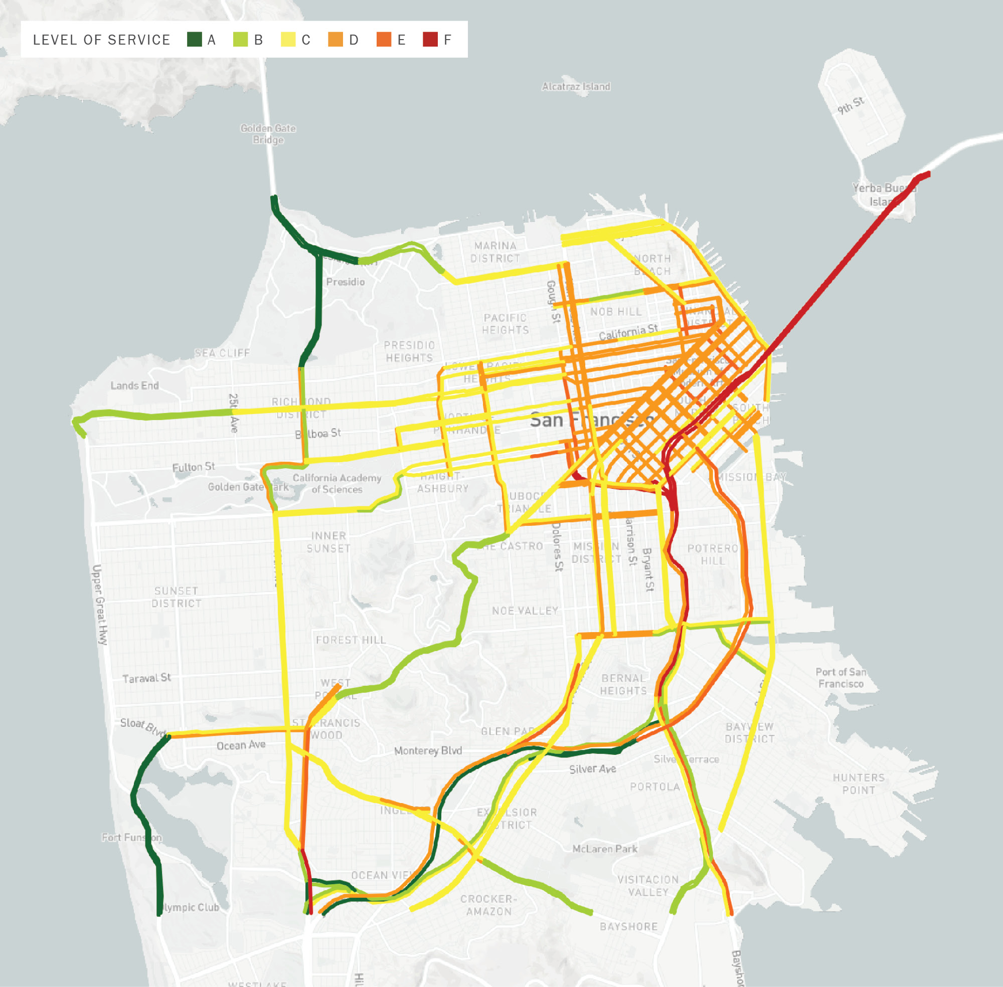 A map of San Francisco with north pointing up. The CMP network segments are highlighted in one of six colors, from green to red, to indicate, respectively, a Level of Service (LOS) from A to F. The segments with the worst Weekday PM Peak LOS are in the northeast part of the city. Most segments in the downtown core are at LOS D to F.
