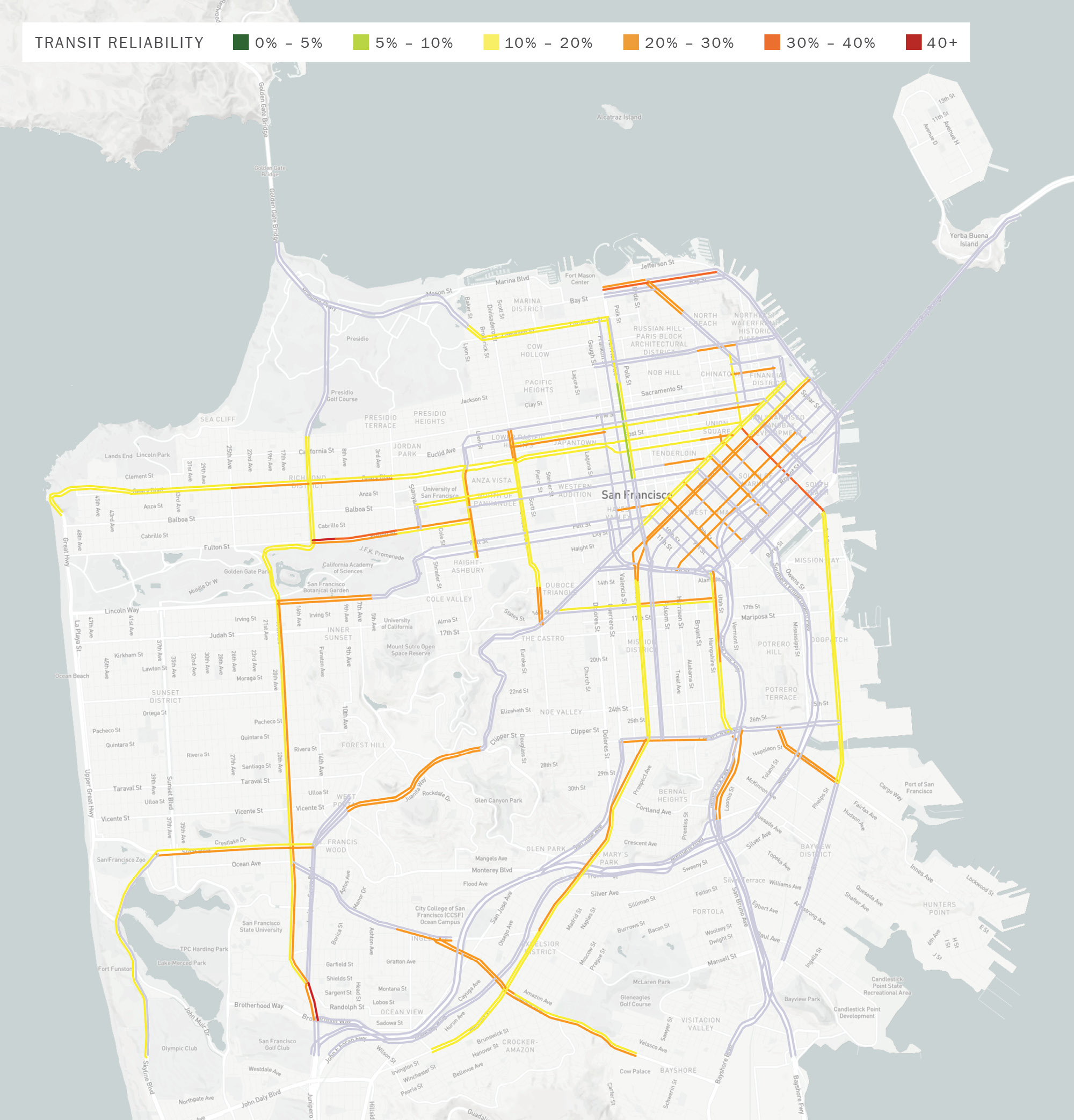 A map of San Francisco with north pointing up. The CMP network segments are highlighted in one of six colors, from green to red, to indicate, respectively, average Muni bus speed variability of 0% to over 40%. Most of the segments during the Weekday AM Peak are colored yellow (10% to 20%) and orange (20% to 40%).