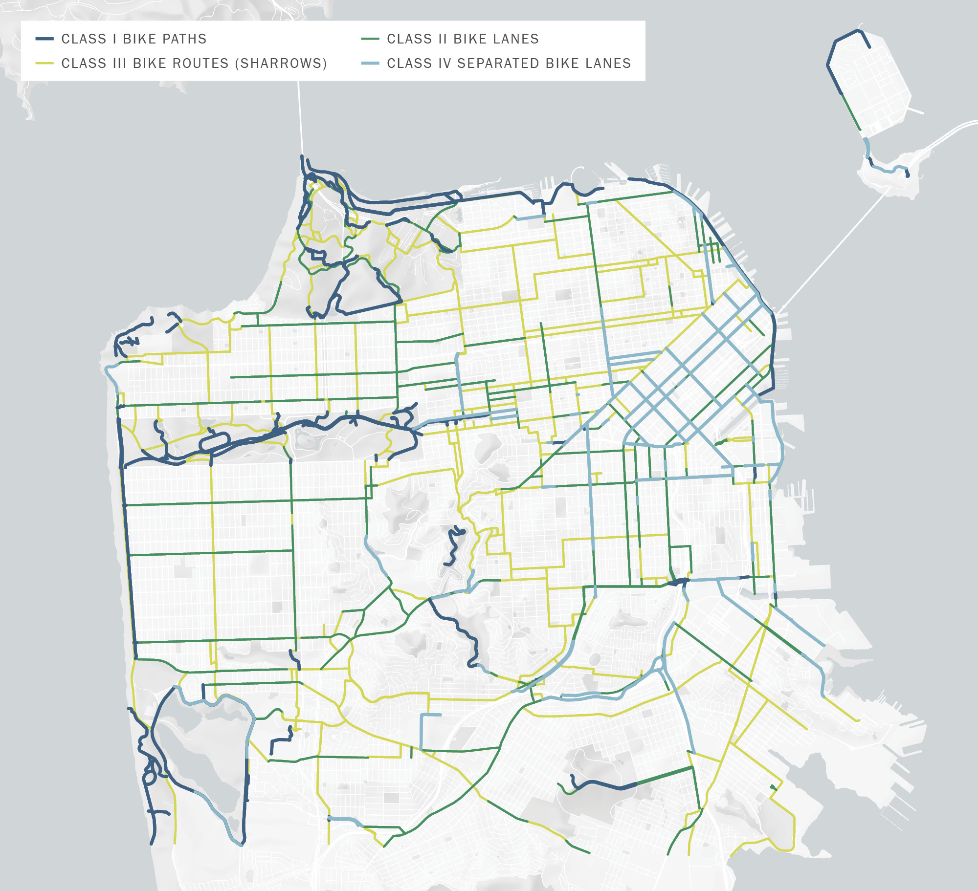 Map of the San Francisco Bicycle Network with north pointing up. The map shows Class I separated bike paths mostly in parks, Class II painted bike lanes scattered around the city, Class III shared bike routes scattered more densely around the city, and Class IV separated bike lanes mostly congregated in SoMa.