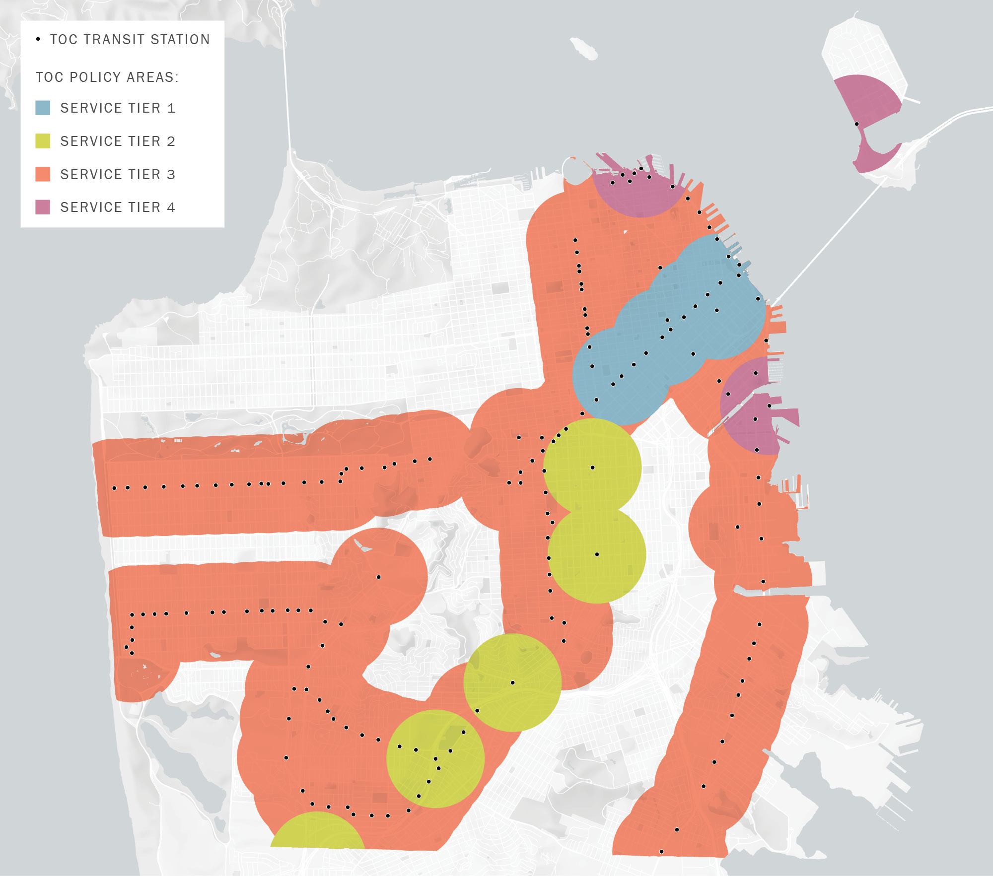 A map of San Francisco with north pointing up, showing Transit Oriented Communities (TOCs) in San Francisco. TOC policy area 1 covers a one-half mile radius around the Market Street BART stations and Salesforce Transit Center. TOC policy area 2 covers a one-half mile radius around 16th Street Mission, 24th Street Mission, Glen Park, Balboa Park, and Daly City BART stations. TOC policy area 3 covers a one-half mile radius around the Muni light rail lines, stops along the Muni Van Ness Bus Rapid Transit, and Caltrain stations. TOC policy area 4 covers a one-half mile radius around the Treasure Island ferry terminal. These transit stops are also depicted on the map.
