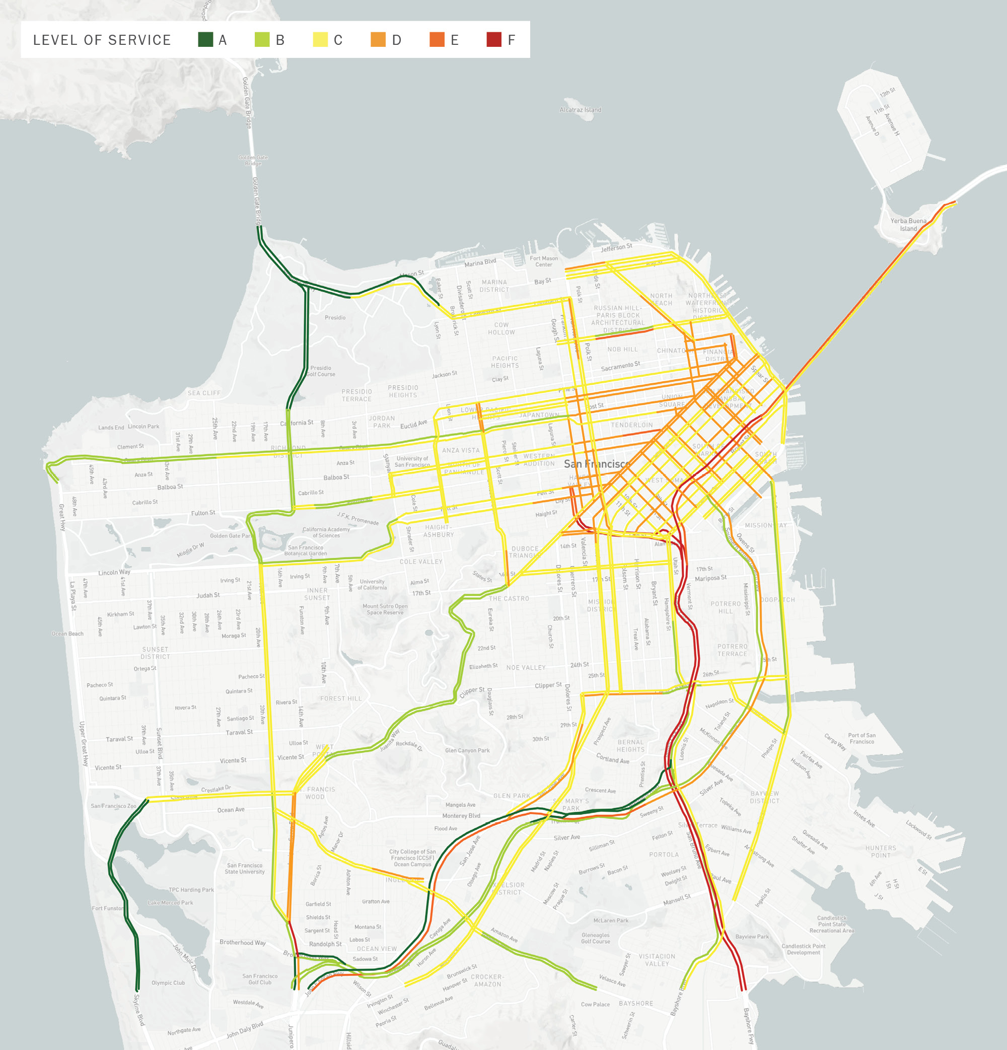 A map of San Francisco with north pointing up. The CMP network segments are highlighted in one of six colors, from green to red, to indicate, respectively, a Level of Service (LOS) from A to F. LOS is generally the worst on freeways, followed by the northeast core of San Francisco. LOS is generally better during the AM peak than the PM peak.