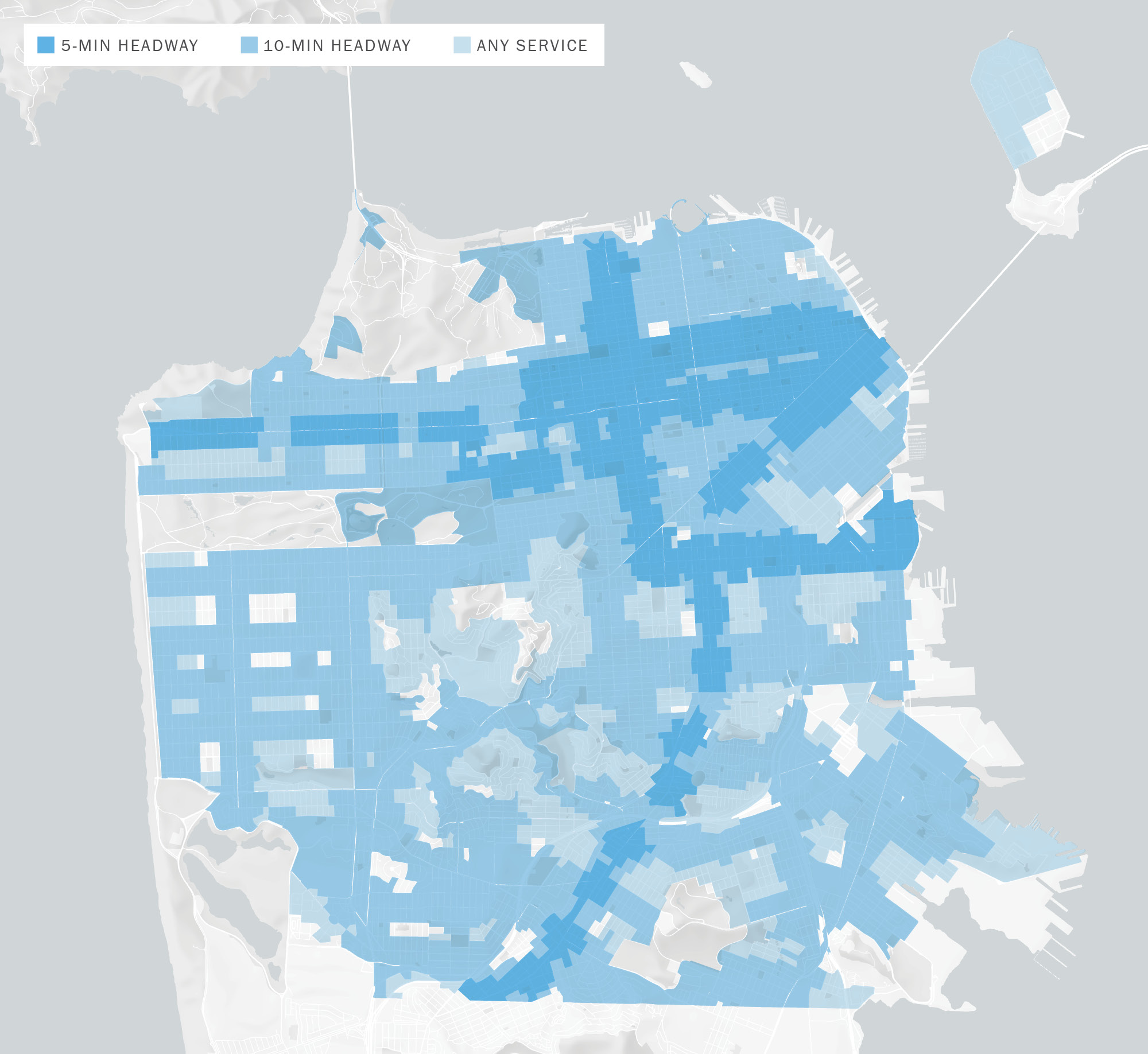 A map of San Francisco with north pointing up. Areas with 5-minute AM Peak headways are shown in dark blue, areas with 10-minute AM Peak headways are shown in medium blue, and areas with any service during the AM Peak are shown in pale blue. Dark blue areas run along Geary Boulevard, parts of Haight Street, California/Clay/Sacramento east of the Richmond, Mission Street, Van Ness Avenue, and 16th Street.