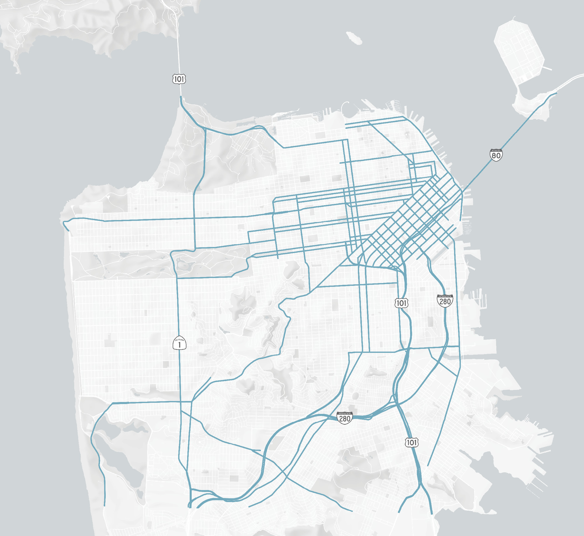 A map of San Francisco with north pointing up. The CMP Roadway Network is highlighted in blue, and includes all highways (SR 1, US 101, I-80, and I-280). Most of the street segments in the CMP Roadway Network are located in the northeast part of the city.