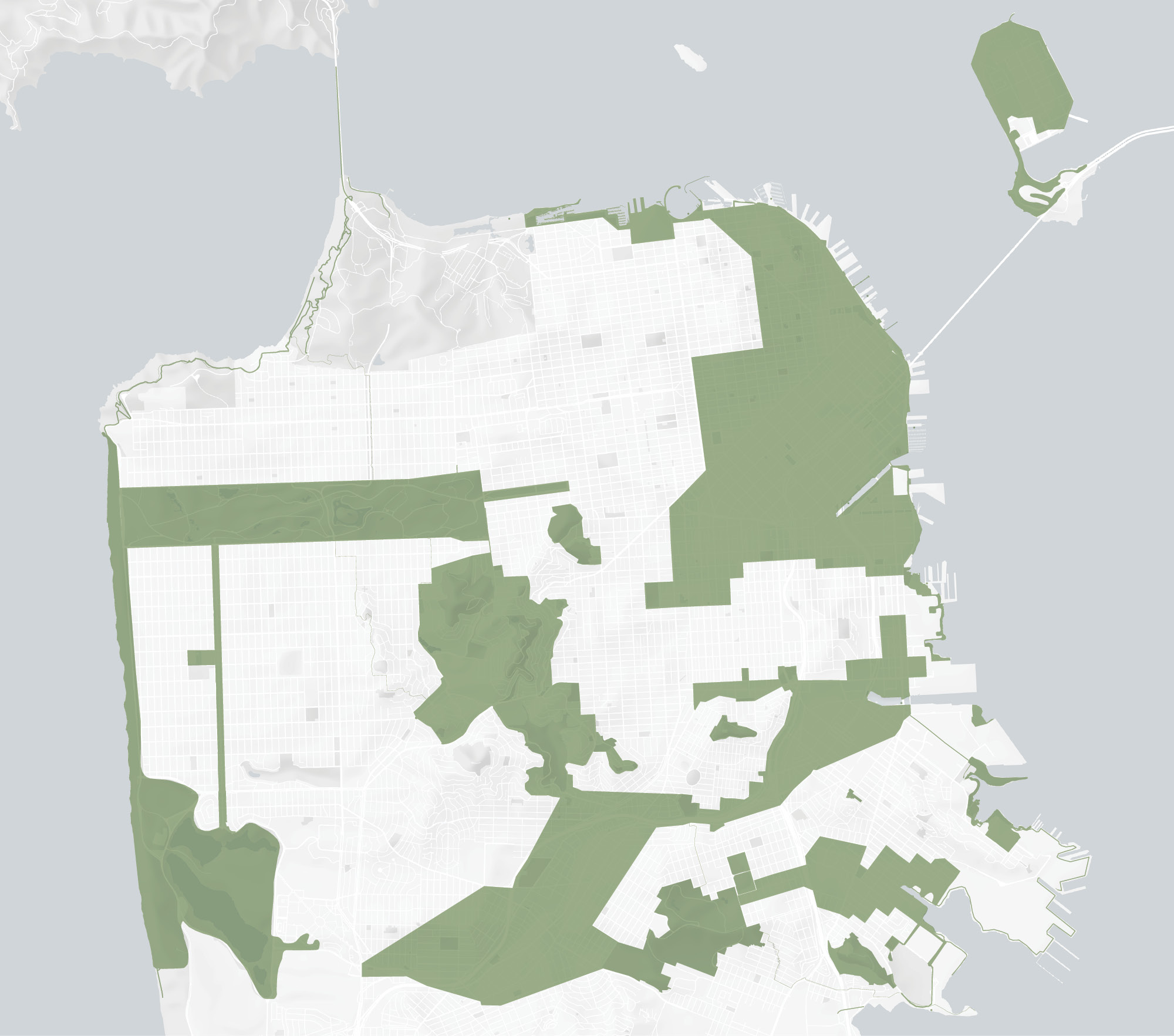 A map of San Francisco with north pointing up, showing Priority Conservation Areas in San Francisco. These areas cover a large part of San Francisco’s coastlines and major parks like Golden Gate Park, Lake Merced, the Twin Peaks/Glen Cayon Bioregion, McLaren Park, and the Sunset Boulevard corridor. They also cover a large part of the northeast core of San Francisco, large parts of the Outer Mission, and parts of Bayview.