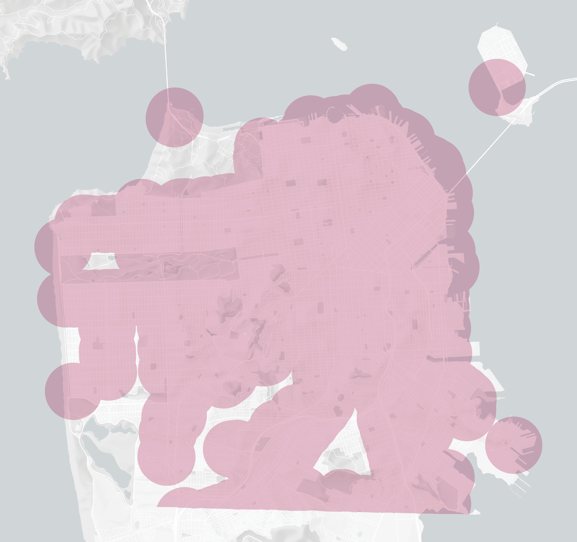 A map of San Francisco with north pointing up. San Francisco’s Infill Opportunity Zone is shown in purple (covering most of the city).