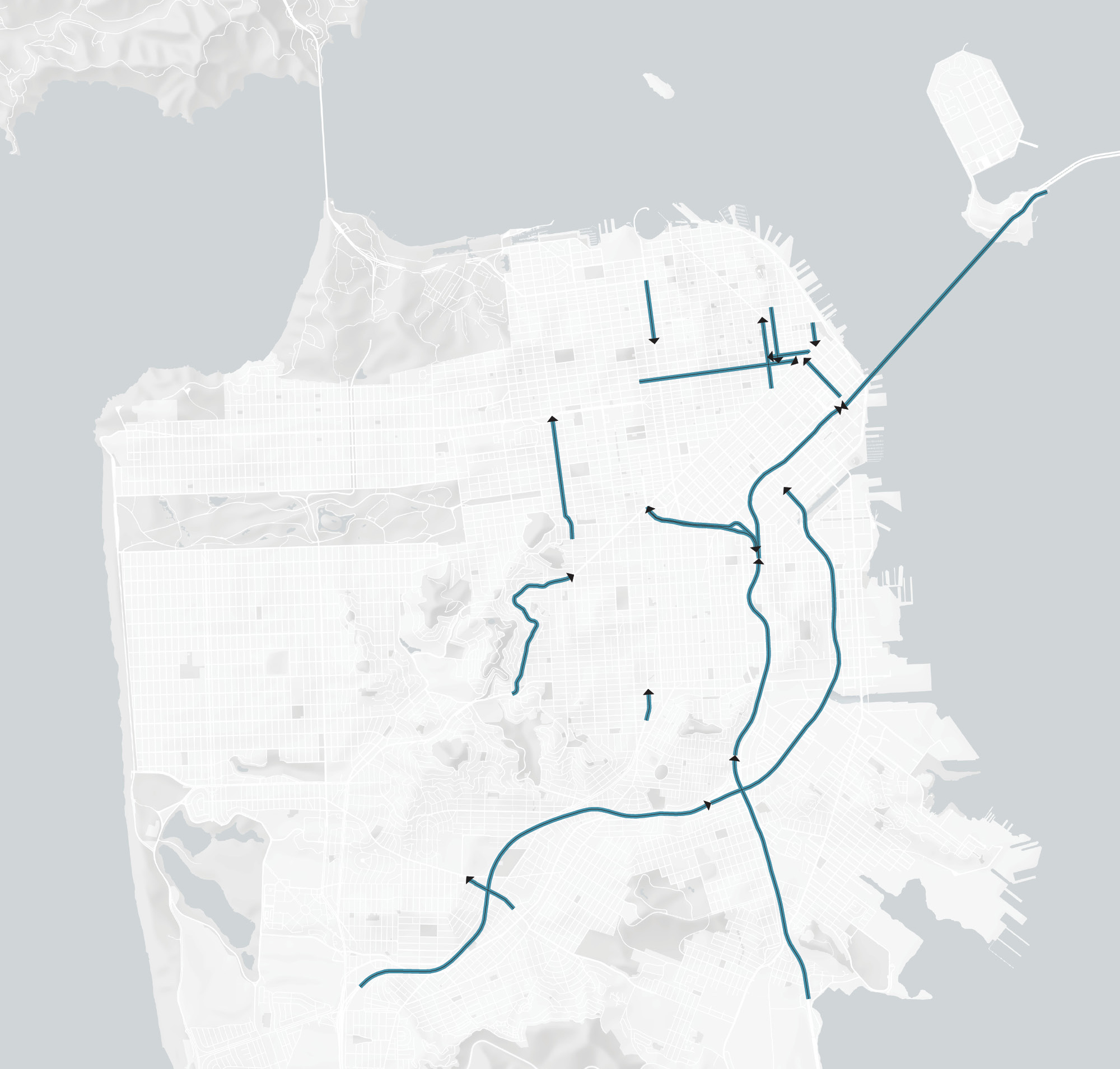 A map of the San Francisco street grid with north pointing up. The following segments of the grid that are exempt in the AM Peak are shown in dark blue: eastbound Bush Street from Gough Street to Market Street; northbound Castro/Divisadero Streets from 14th Street to Geary Boulevard; southbound Drumm Street from Washington Street to Market Street; northbound Fremont Street from Harrison Street to Market Street; westbound Geneva Avenue from Cayuga Avenue to Ocean Avenue; northbound Guerrero Street / San Jose Avenue from 29th Street to Cesar Chavez Street; northbound Kearny Street from Market Street to Columbus Avenue; eastbound Market Street / Portola Drive from Burnett Avenue to Castro Street; southbound Montgomery Street from Broadway to Bush Street; westbound Pine Street from Market Street to Kearny Street; southbound Van Ness Avenue from Lombard Street to Washington Street; northbound Interstate-280 from Junipero Serra Boulevard to 6th Street & Brannon Street; westbound Interstate-80 from Treasure Island to the Fremont Street exit; eastbound Interstate-80 from US-101 to the Fremont Street exit; northbound US-101 from the county line to Market Street & Octavia Boulevard; and southbound US-101 from Market Street to Interstate-80.