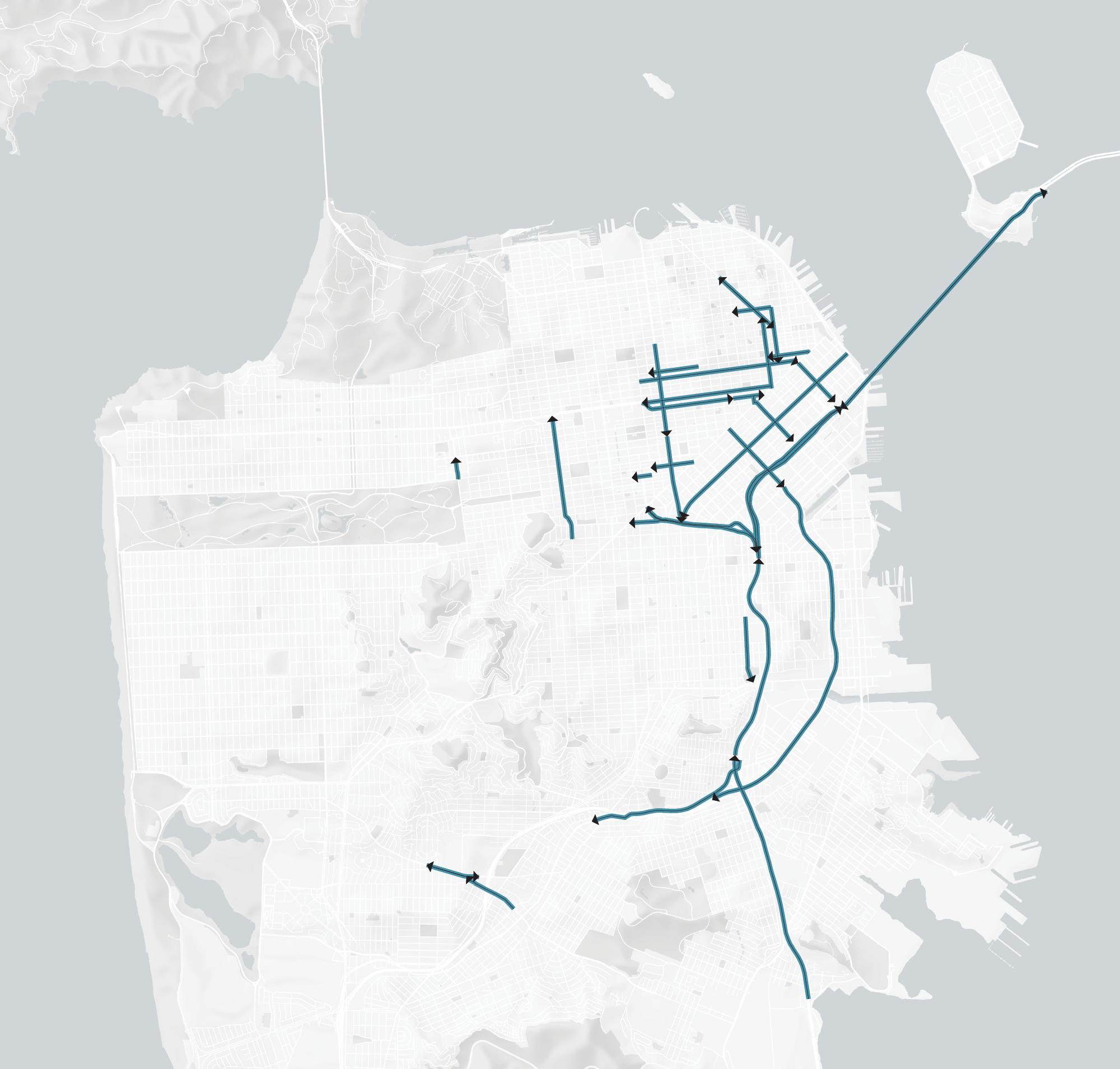 A map of the San Francisco street grid with north pointing up. The following segments of the grid that are exempt in the PM Peak are shown in dark blue: southbound 1st Street from Market Street to Harrison Street; southbound 4th/Stockton Streets from O'Farrell Street to Harrison Street; southbound 6th Street from Market Street to Brannan Street; westbound Alemany Boulevard from Bayshore Boulevard to Lyell Street; westbound Broadway from Montgomery Street to Powell Street; eastbound Bush Street from Gough Street to Market Street; northbound Castro/Divisadero Streets from 14th Street to Geary Boulevard; northbound Columbus Avenue from Montgomery Street to Greenwich Street; southbound Columbus Avenue from Greenwich Street to Montgomery Street; westbound Duboce/Division Streets from Mission Street to Market Street; westbound Fell Street from Gough Street to Laguna Street; westbound Geary Street from Kearny Street to Gough Street; westbound Geneva Avenue from Cayuga Avenue to Ocean Avenue; westbound Hayes Street from Market Street to Gough Street; westbound Howard Street from the Embarcadero to South Van Ness Avenue; northbound Kearny Street from Market Street to Columbus Avenue; southbound Montgomery Street from Broadway to Bush Street; eastbound O'Farrell Street from Gough Street to Market Street; Ocean Avenue in both directions between Miramar Avenue and Howth Street; westbound Pine Street from Market Street to Kearny Street, and from Leavenworth Street to Franklin Street; southbound Potrero Avenue from 21st Street to Cesar Chavez Street; northbound Stanyan from Fulton Street to Turk Boulevard; southbound Van Ness Avenue / South Van Ness Avenue from Washington Street to 13th Street; southbound Interstate-280 from 6th Street & Brannan Street to Weldon; Interstate-80 in both directions between Treasure Island and and US-101; northbound US-101 from the county line to Market Street and Octavia Boulevard; and US-101 from Market Street & Octavia Boulevard to Interstate-80.