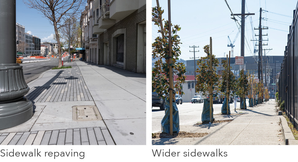 Two photos showing: a newly-paved sidewalk, captioned "sidewalk repaving"; an open sidewalk with newly-planted trees, captioned "wider sidewalks"