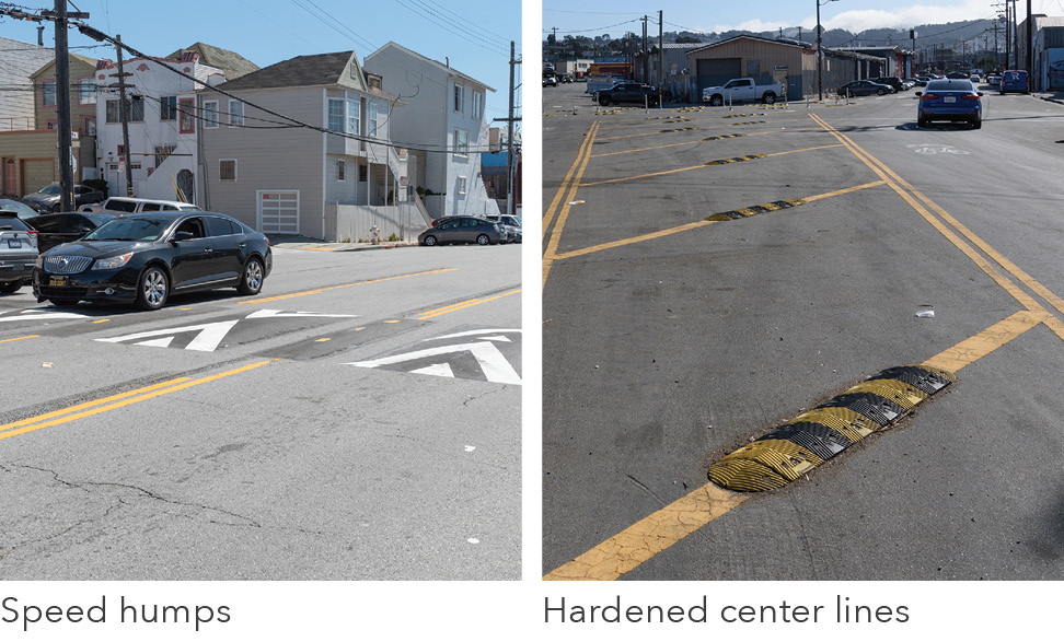 Two photos showing: a car driving over speed humps, captioned "speed humps"; a series of plastic modules fixed onto painted center lines, captioned "hardened center lines"