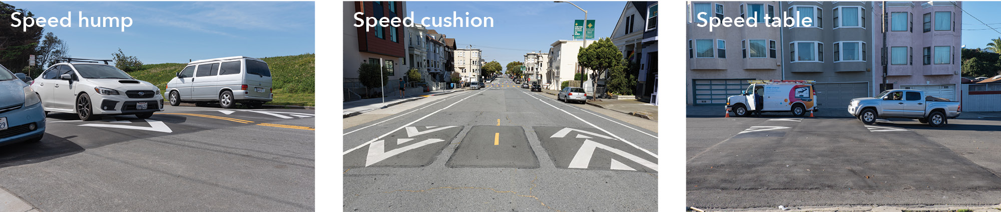Three photographs: the left-hand photo shows a vehicle driving over a speed hump, the middle photo shows speed cushions on a road, and the right-hand photo shows a speed table with cars and homes in the background.