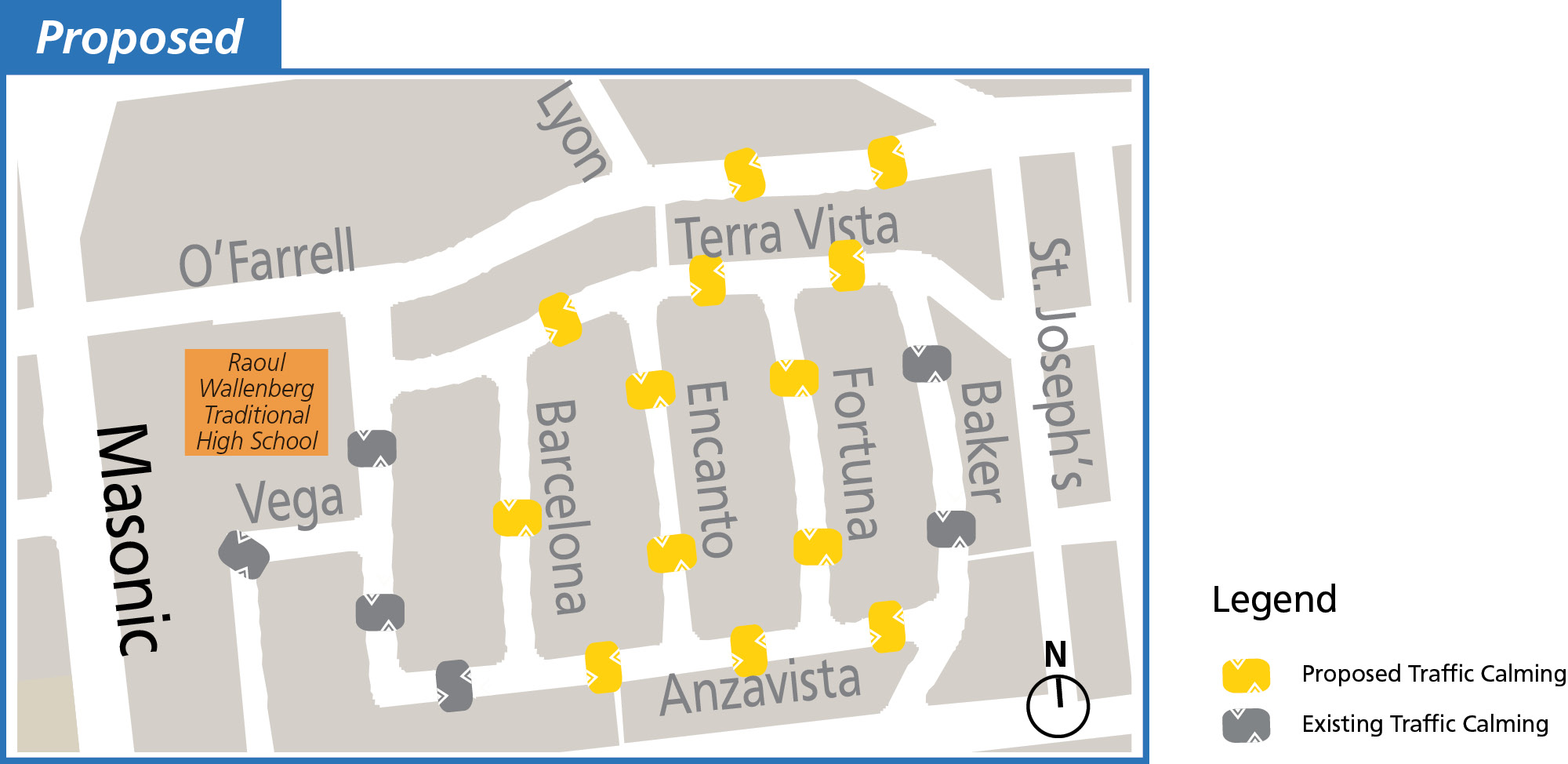A map showing locations for proposed traffic calming measures in the Anza Vista residential neighborhood. Existing traffic calming devices are shown in grey on Baker, Anzavista, and Vega. Proposed traffic calming devices are shown in yellow on Anzavista, Barcelona, Encanto, Fortuna, Terra Vista, and O’Farrell.