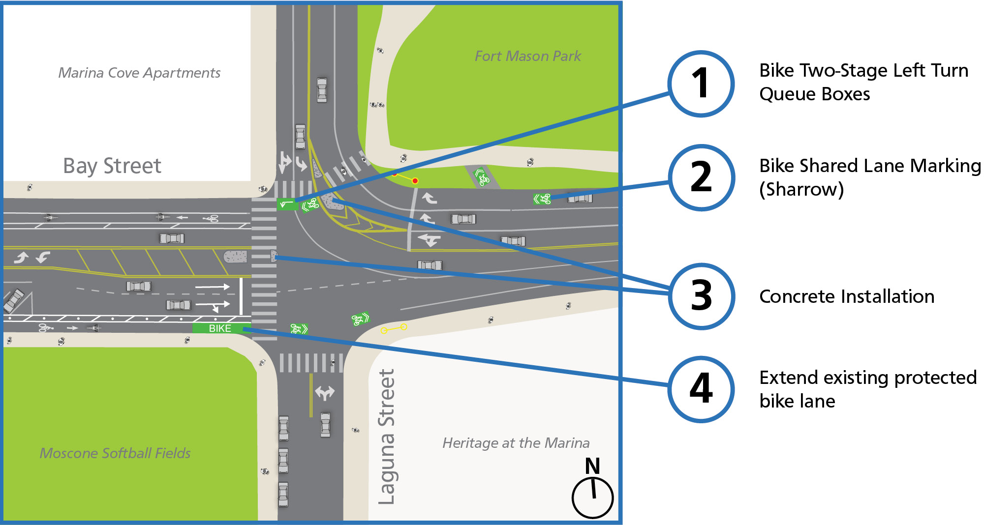 A map showing the intersection of Bay Street and Laguna Street with proposed quick-build measures circled. Proposal #1: Install a bike two-stage left turn queue box. Proposal #2: Bike shared lane marking (sharrow). Proposal #3: Concrete installation at existing pedestrian islands. Proposal #4: Bike lane along eastbound Bay Street west of Laguna Street.