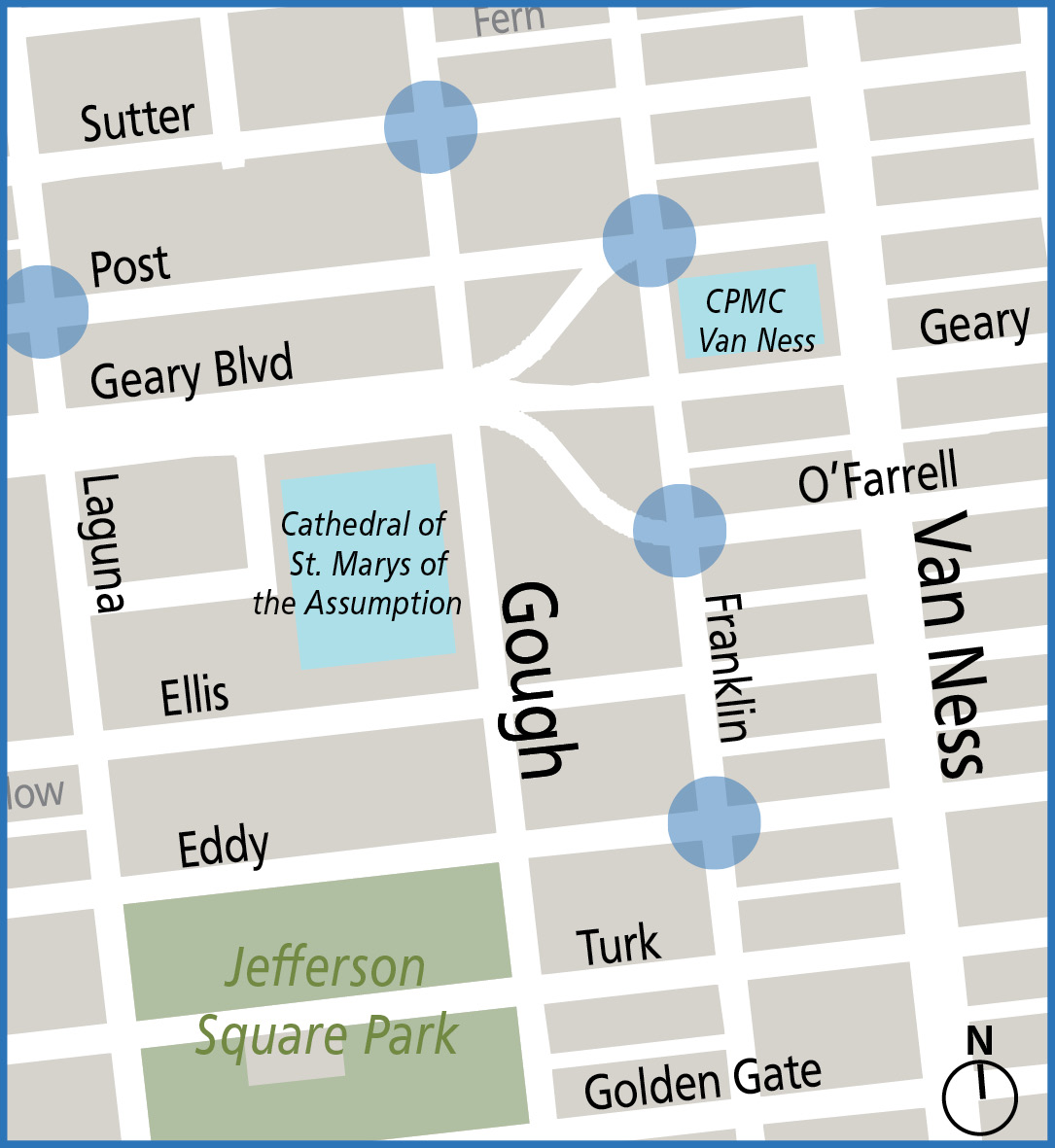A map showing potential painted safety zone locations in Cathedral Hill. Five intersections are marked with a blue circle: Post and Franklin, O’Farrell and Franklin, Eddy and Franklin, Sutter and Gough, Post and Laguna.