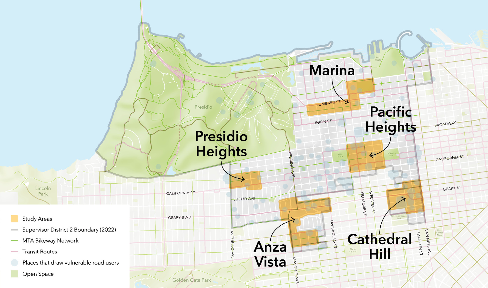 A map of District 2 in San Francisco, highlighting the five study areas in this study. Study areas are marked in orange. Green lines represent the MTA Bikeway Network, while pink lines indicate transit routes. The boundary of District 2 from 2022 is outlined, and open spaces like Presidio and Golden Gate Park are shaded in light green.