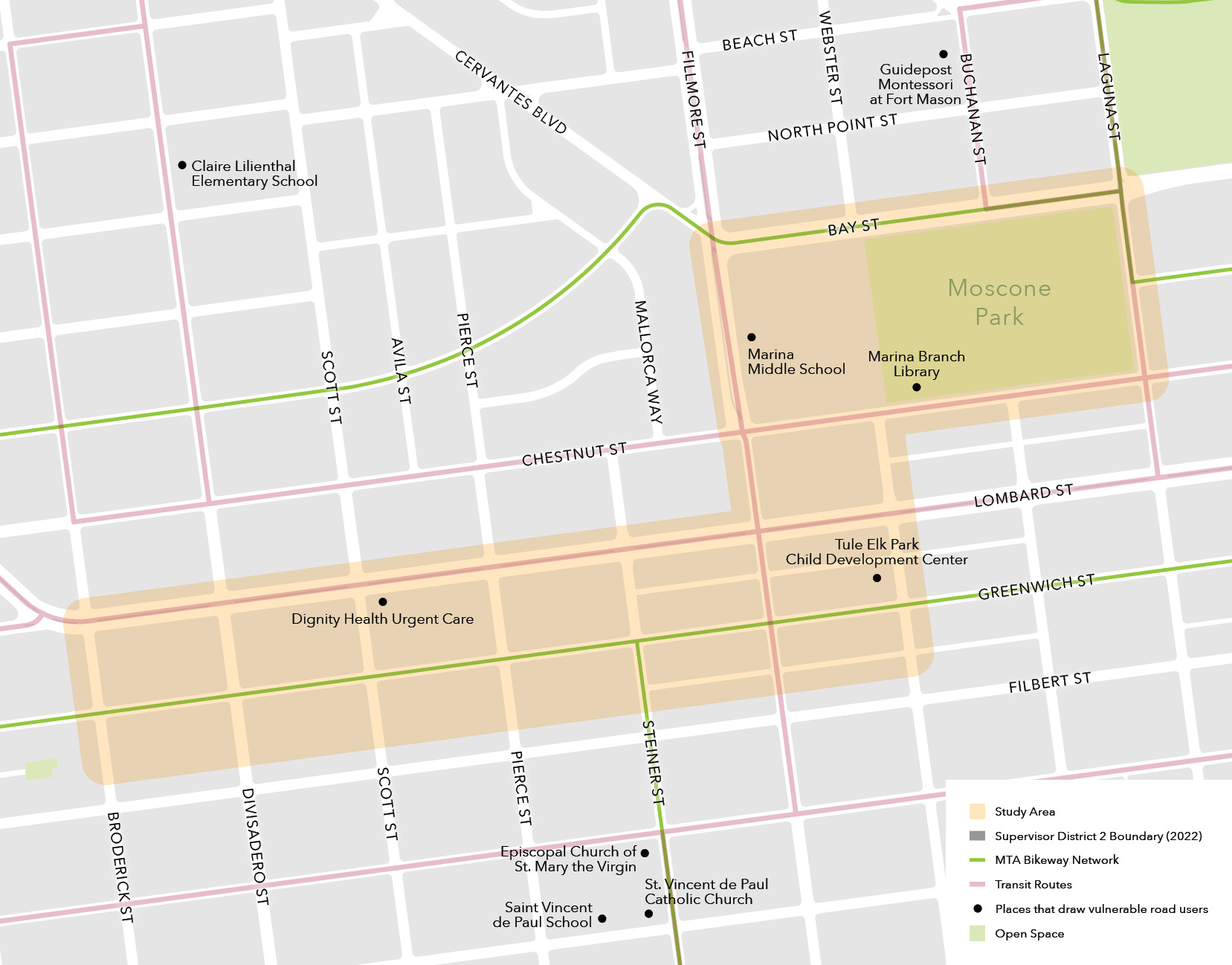 A map of the Marina Study Area, which is made of two long rectangles connected to form a zig-zag shape. The larger rectangle runs east-west from Broderick to Webster and from Lombard to just north of Filbert, and contains Dignity Health Urgent Care and Tule Elk Park Child Development Center. The smaller rectangle  is bounded by Bay, Laguna, Chestnut, and Fillmore streets, and contains Marina Middle School, the Marina Branch Library, and Moscone Park.