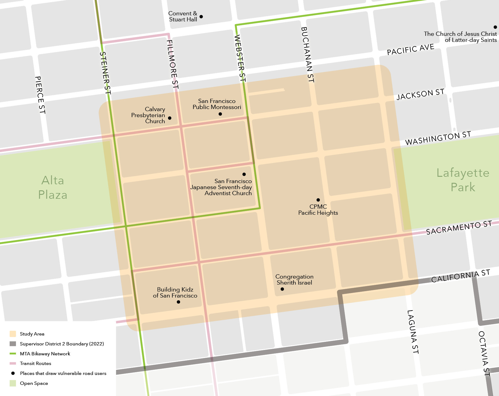 A map of the Pacific Heights Study Area, which covers the area from just north of Jackson Street to California Street, and from Steiner to Laguna. It contains Building Kidz of San Francisco, San Francisco Public Montessori, CPMC Pacific Heights, Congregation Sherith Israel, Calvary Presbyterian Church, and San Francisco Japanese Seventh-day Adventist Church. Alta Plaza is immediately to the west, and Lafayette Park is immediately to the east.