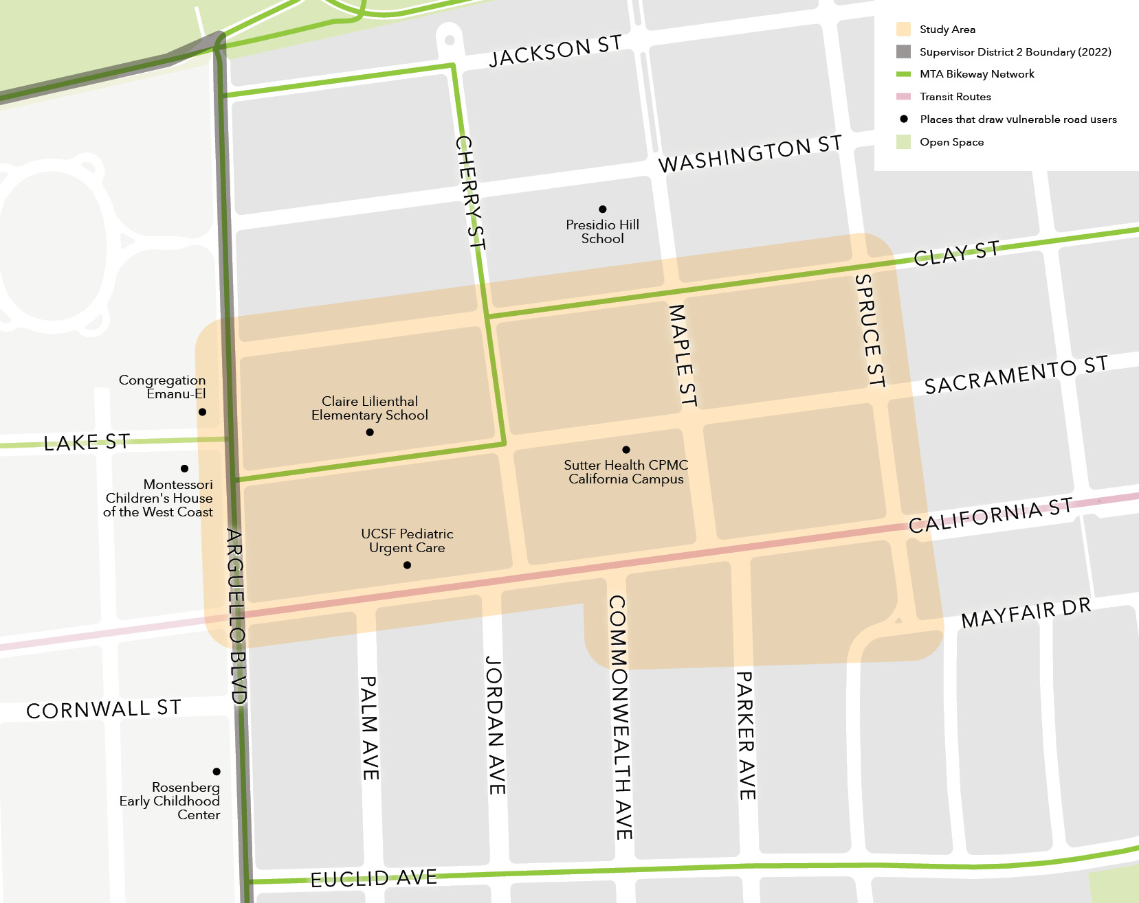 A map of the Presidio Heights Study Area, which is bounded by Clay Street, Spruce Street, Mayfair Drive, California Street, and Arguello Boulevard. It contains Sutter Health CPMC California Campus, UCSF Pediatric Urgent Care, and Claire Lilienthal Elementary School.