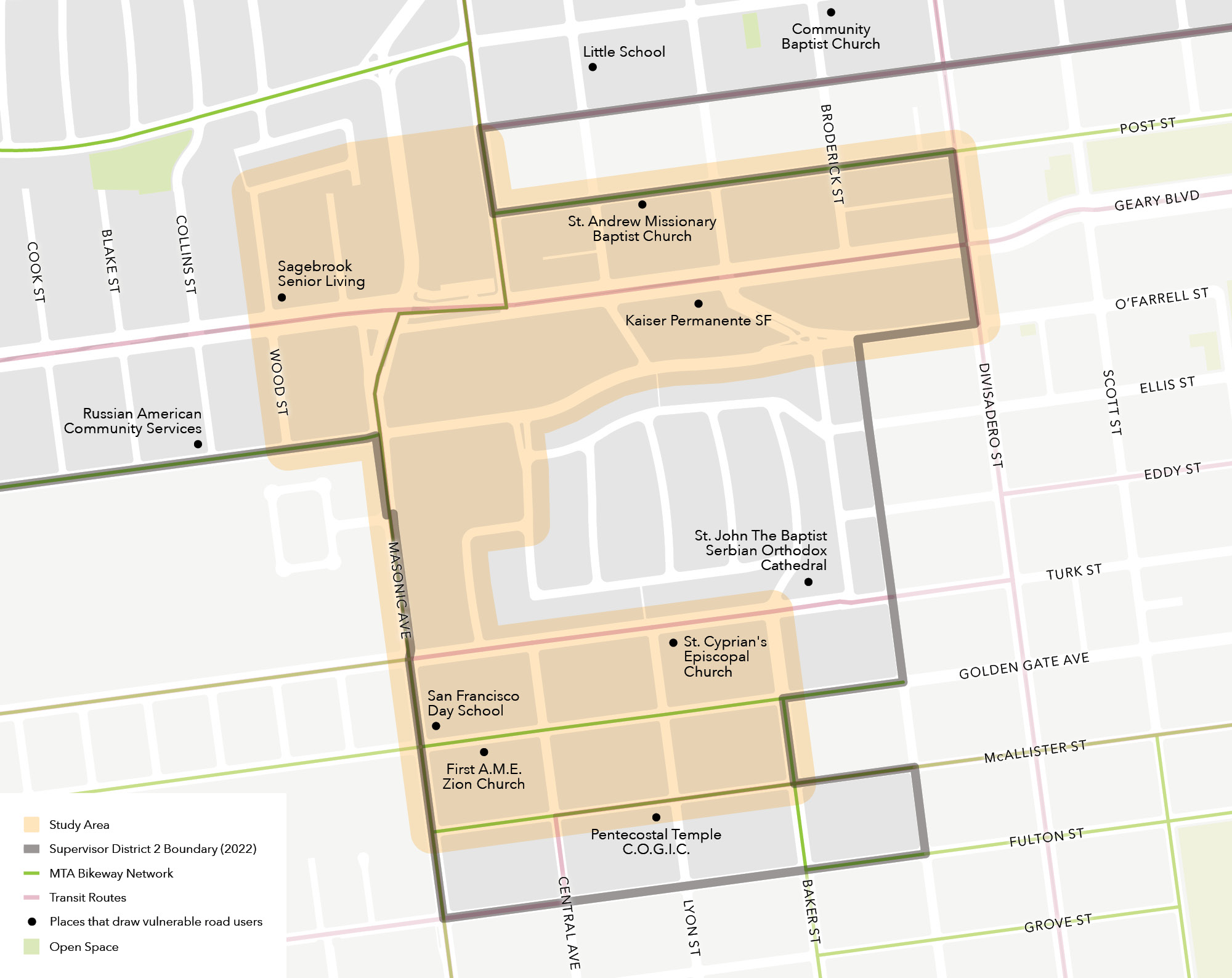 A map of the Anza Vista Study Area, which is made of two rectangles. The larger rectangle is bounded generally by Post, Divisadero, O'Farrell, and Wood streets. The second rectangle is bounded by Turk, Baker, McAllister, and Masonic.