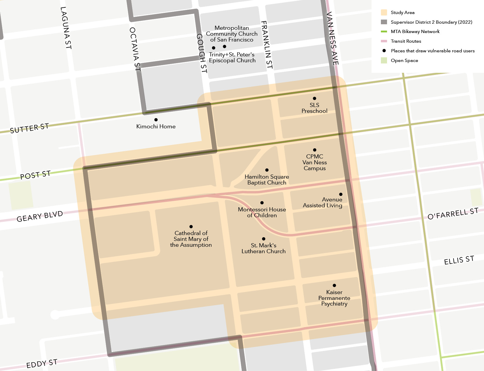 A map of the Cathedral Hill Study Area, which is bounded generally by Sutter, Van Ness, Eddy, and Laguna. It contains Montessori House of Children, SLS Preschool, Avenue Assisted Living, Kaiser Permanente Psychiatry, CPMC Van Ness Campus, St. Mark's Lutheran Church, Hamilton Square Baptist Church, and Cathedral of Saint Mary of the Assumption.