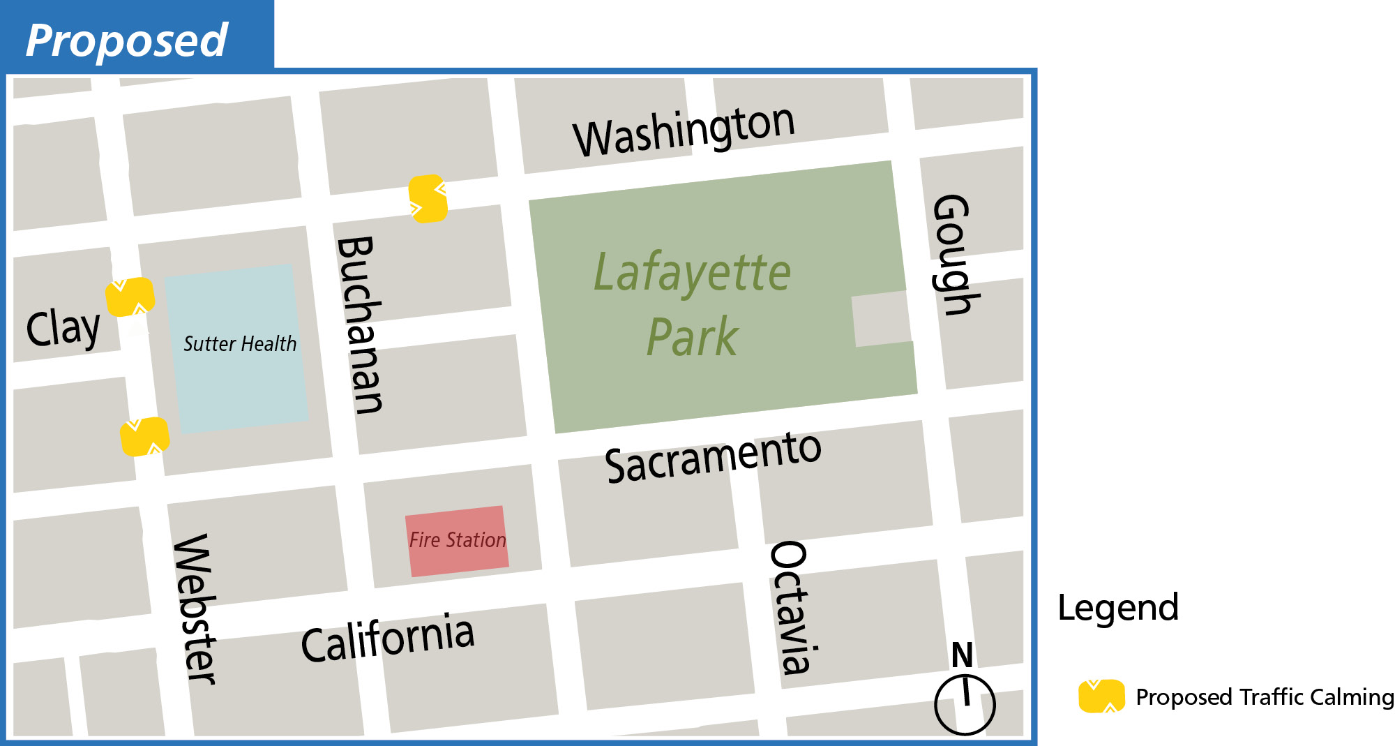 A map showing proposed traffic calming measures. Two traffic calming devices are on Webster Street between Washington and Sacramento, in front of Lafayette Park. One device is on Washington between Buchanan and Laguna, near Lafayette Park.