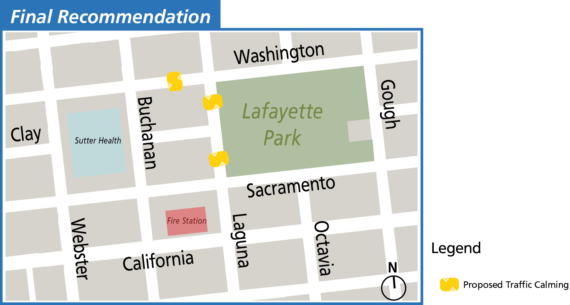 A map showing proposed traffic calming measures. Two traffic calming devices are on Laguna Street between Washington and Sacramento, in front of Lafayette Park. One device is on Washington between Buchanan and Laguna, near Lafayette Park.