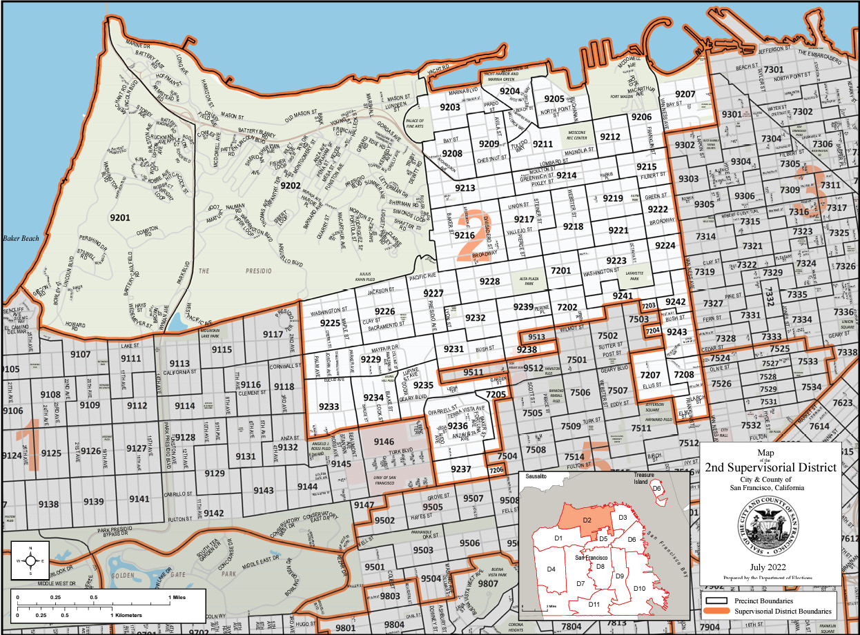 Zoomed in map on northern San Francisco showing the District 2 boundary.