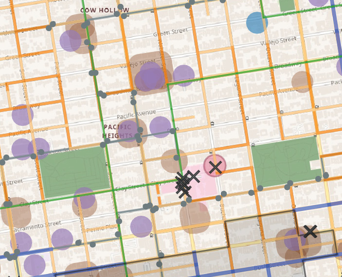 Zoomed in map of the Pacific Heights neighborhood. There are many purple circles (schools) and brown circles (places of worship). There are also two green squares for parks. There are many black x's at a medical center.