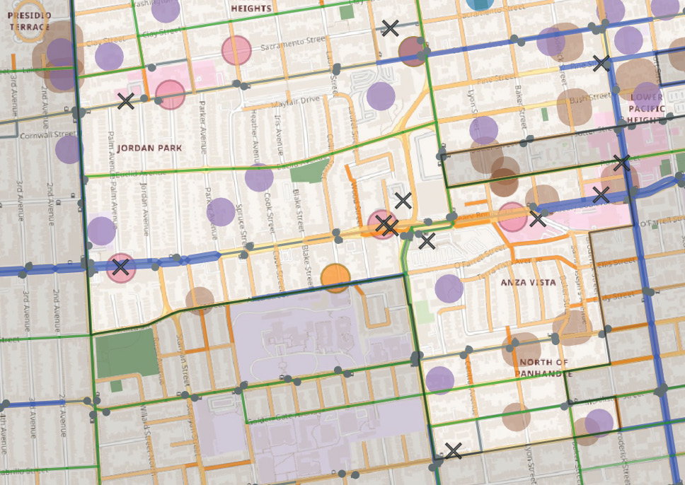 Zoomed in map of Geary Boulevard and Anza Vista. There are many purple circles (schools) and brown circles (places of worship) as well as black x's for paratransit pick up/drop off locations