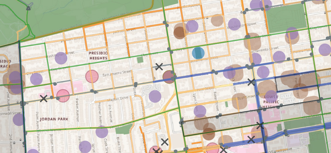 Zoomed in map of Presidio Heights. There is a large green park to the north and parks on the right side of the map. Most of the brown (places of worship) and purple (school) circles are on the right side of the map. There are a few red (health care center) circles on the left side of the map.