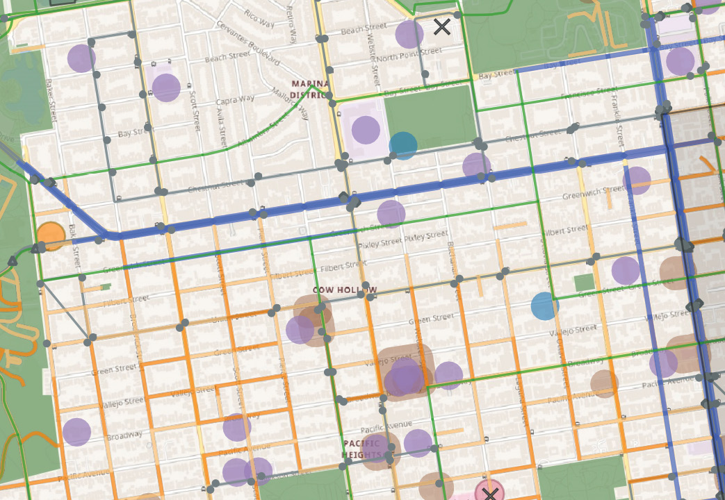 Zoomed in map of Cow Hollow/Marina neighborhoods. There are several green parks on the edges of the map and many purple (school) dots throughout the map.