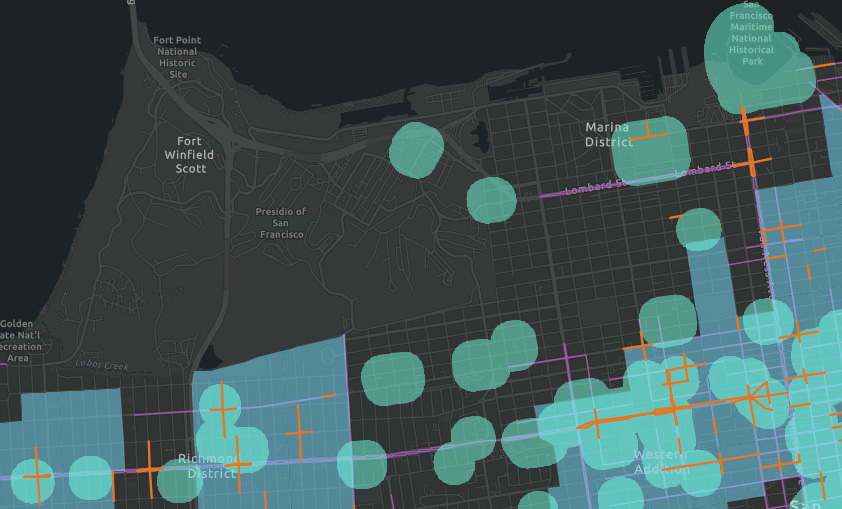 Map zoomed in on District 2 showing priority areas for pedestrian safety improvements. There are blue circles drawn around attractors such as senior centers, public libraries, and public health facilities. Some street segments, such as Lombard Street, are highlighted in purple because there have been recent fatal or severe collisions on that street. Streets with orange highlighting are part of the high injury network.
