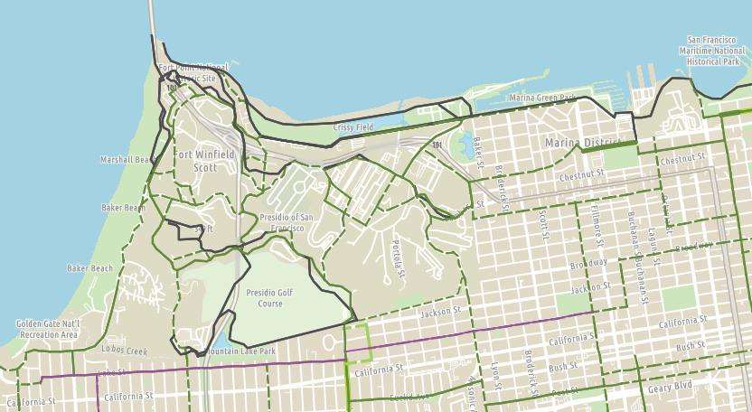 Map zoomed in on District 2 with bike paths and routes highlighted. Solid, bold green lines show streets with a bike lane, bikeway, or separated bike path, for example, along the Embarcadero. Dashed lines represent streets that are a bike route, such as parts of Broadway and Steiner Street.