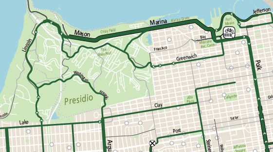SFMTA's preferred bike route map shows different bike routes in District 2. Mason and Marina have a thick green line indicating the most preferred route. Polk is also a highly preferred route. There are also grey circles on the map showing the location of bikeshare stations.