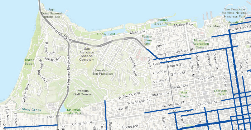 The high injury map is zoomed in on District 2 and shows high injury segments with a dark blue line. Examples are Lombard Street, Greenwich Street, and Van Ness Avenue.