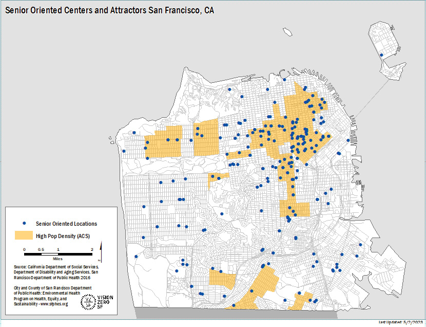 This map shows the entire city. Areas with high population density are shown in yellow shading, and includes downtown and parts of District 2 closest to downtown. Senior oriented locations are shown with blue dots.