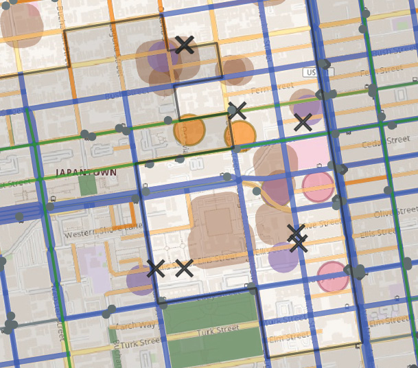 Zoomed in map of the Cathedral Hill neighborhood. There are mostly brown circles for places of worship and six black x's representing paratransit pick up/drop off locations.