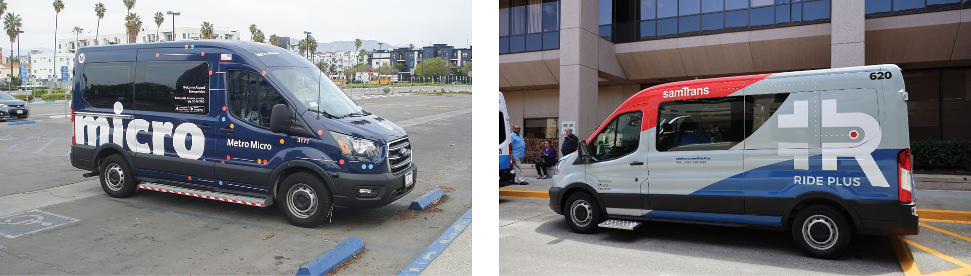 Two photos: on the left is LA Metro's Metro Micro on-demand shuttle, and on the right is SamTrans's Ride Plus on-demand shuttle.
