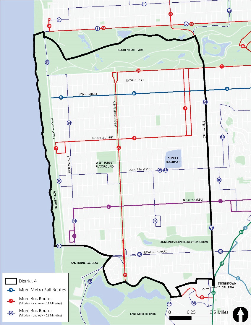 A map of District 4 and the local transit network. The District 4 boundary is indicated with a heavy black line, Muni Metro Rail Routes are indicated with blue lines, Muni Bus Routes (Midday Headway <12 Minutes) are indicated with red lines, and Muni Bus Routes (Midday Headway >12 Minutes) are indicated with thin purple lines.