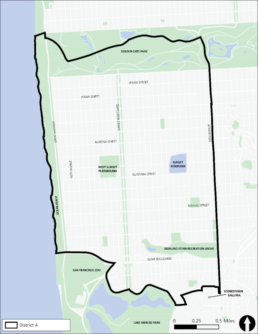A map of District 4. The District 4 boundary (which runs along John F Kennedy Drive in the north, 19th Avenue in the east, Sloat Boulevard & Lake Merced Drive in the south, and the Pacific Ocean in the east) is indicated with a black line.