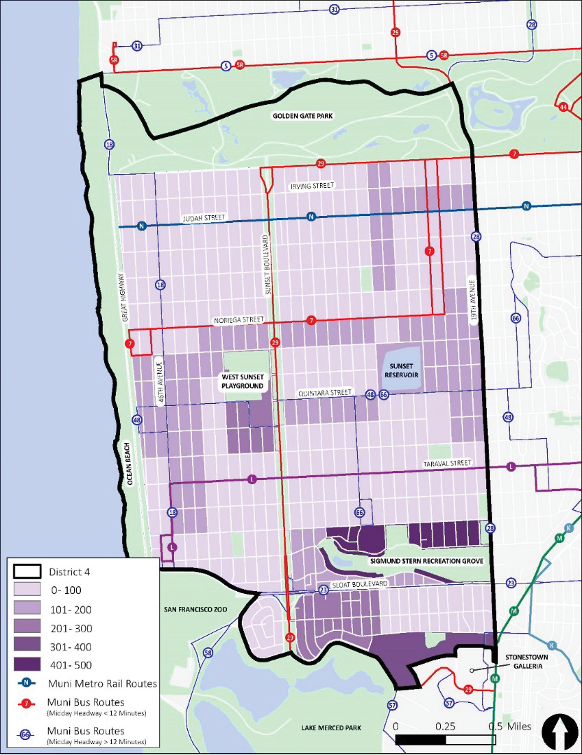 A map of District 4. Population density is shown in purple, with more densely-populated areas indicated with darker purple and less densely-populated areas indicated with lighter purple. The darkest areas are just north of Stern Grove and just north of Stonestown.