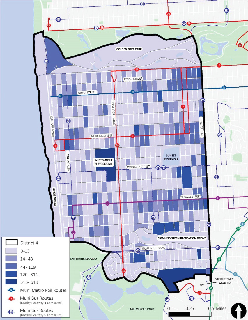 A map of District 4. Job density is shown in blue, with more density indicated with darker blue and less density indicated with lighter blue. Dark areas are scattered across the District, with the largest dark areas around A.P. Giannini Middle School & St. Ignatius High School, and just north of Stonestown.