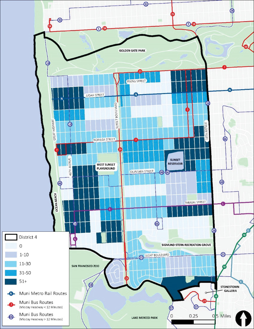 A map of District 4. The number of households below the poverty line are shown in blue, with areas containing more households below the poverty line indicated with darker blue and areas containing fewer households below the poverty line indicated with lighter blue. Dark areas are evenly spread across the District, with the largest area in the southwest corner.