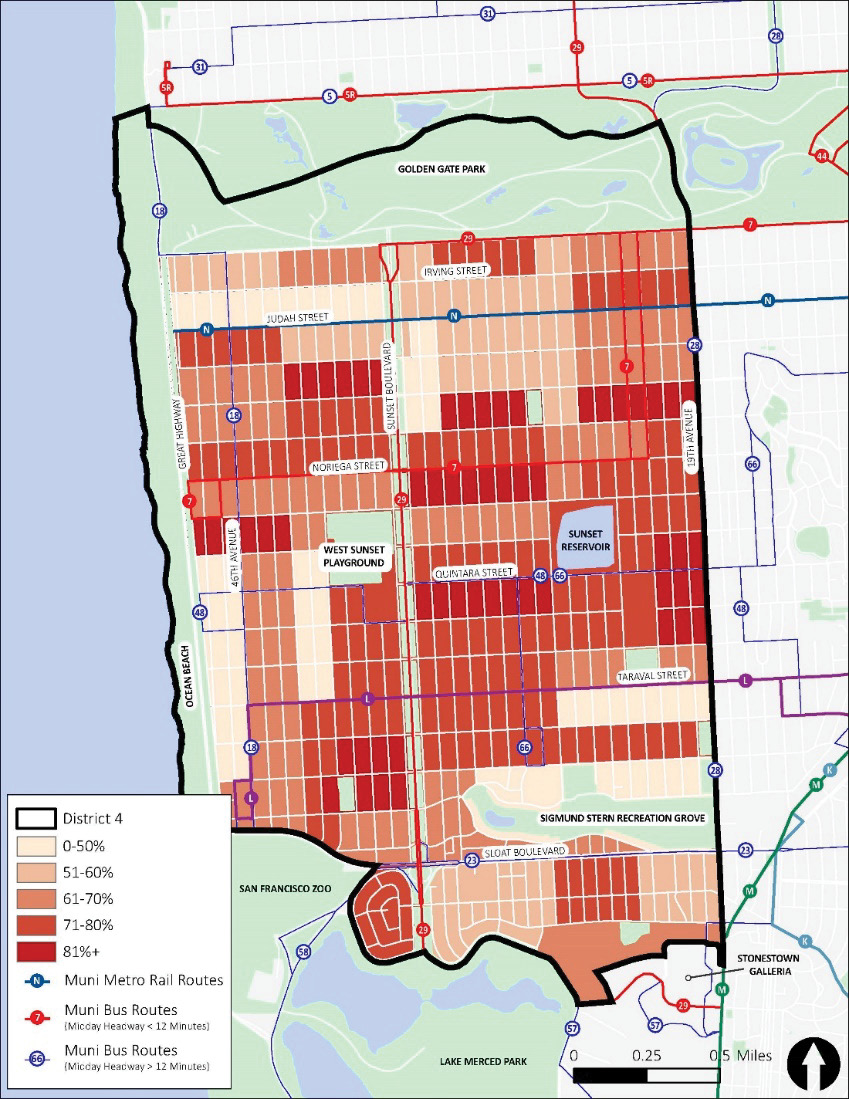 A map of District 4. Minority population density is shown in red, with more density indicated with darker red and less density indicated with lighter red. The darker-red areas are mostly centrally-located in District 4, with lighter-red areas in the north, south, and west.